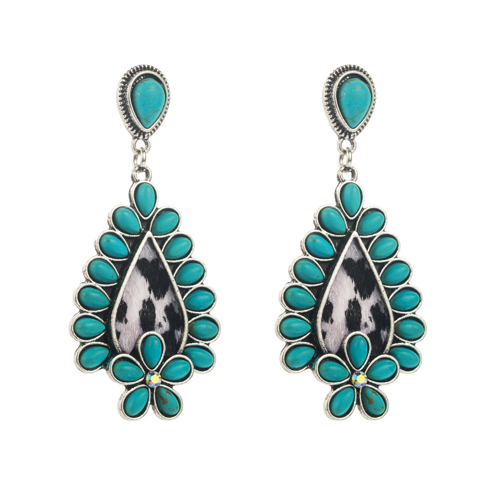 Wholesale Turquoise creative leopard print leather inlaid with turquoise exaggerated